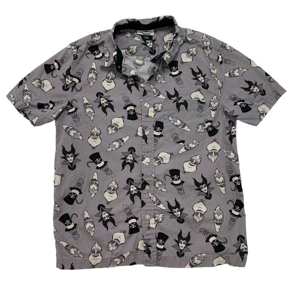DISNEY Villain Gray Button Up Short Sleeve Shirt Size XS Men Cotton Hades Ursula - Picture 1 of 6